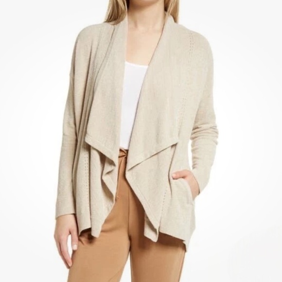 BAREFOOT DREAMS Cozy Chic Ultra Lite Shawl Pointelle Cardigan in Cream Stone S/M - Picture 3 of 13